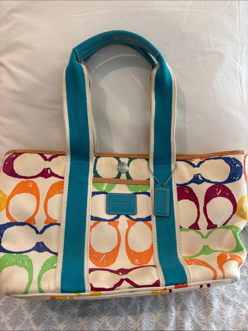 Coach Signature Hampton Tote Multicolor Canvas Tote with Teal Straps